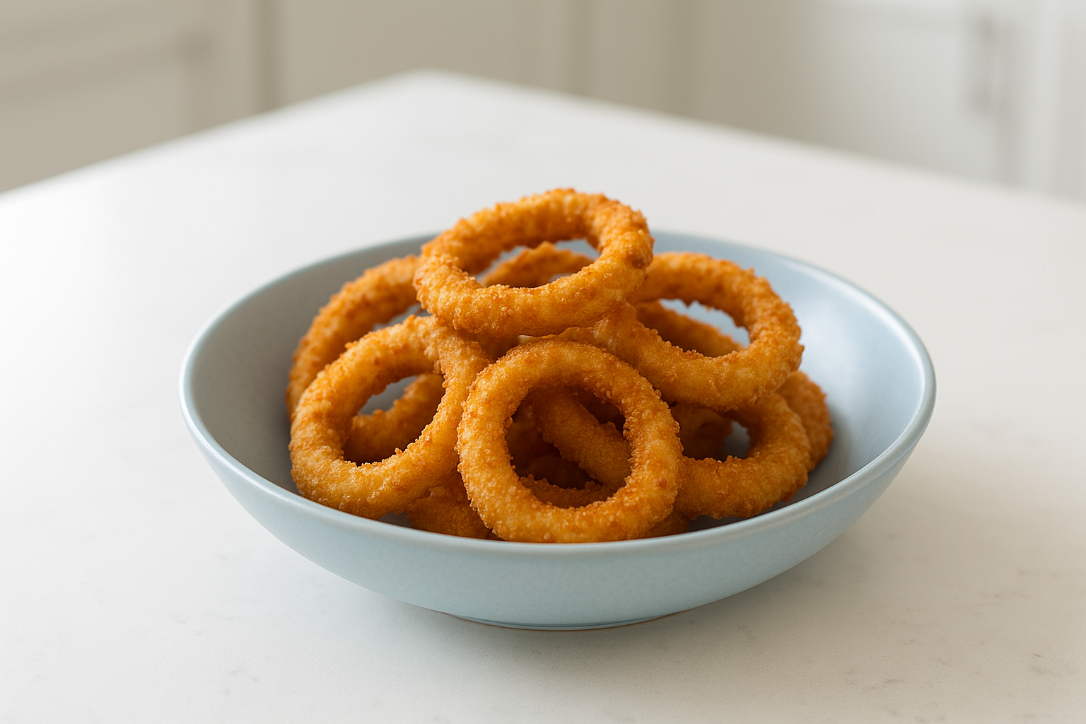A single serving portion of crispy keto onion rings plated neatly in a light blue ceramic bowl, placed on a white stone countertop with a clean, bright home kitchen background. The onion rings are golden brown and crunchy looking, fully cooked and styled simply for a focused, clean composition. Natural daylight with soft shadows illuminates the scene from above, maintaining a realistic home-cooked keto food appearance. Aspect ratio 3:2.