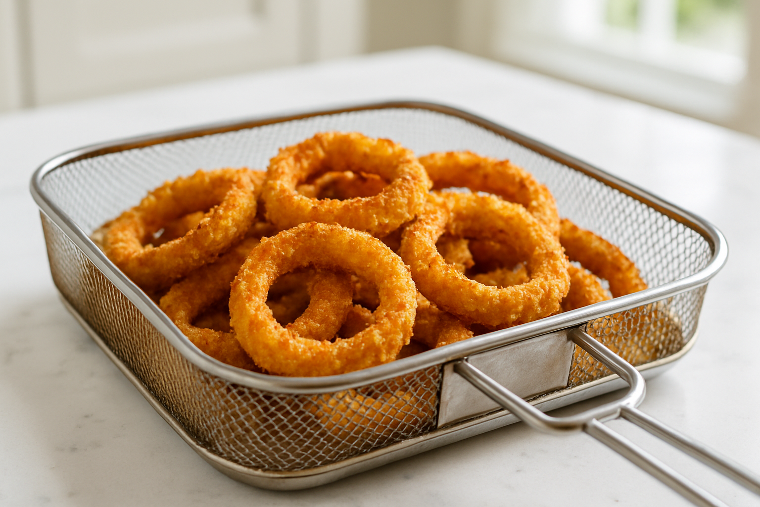 A slightly angled (30–45°) perspective showing the crispy keto onion rings freshly cooked and ready in a metal air fryer basket or oven-safe pan on the white stone countertop. The rings are golden and crunchy, clearly cooked through, with no raw ingredients visible. The light blue ceramic bowl is absent here, emphasizing the final cooking stage. The clean, bright kitchen background is visible with natural daylight casting soft shadows, creating a cohesive home kitchen environment. Aspect ratio 3:2.