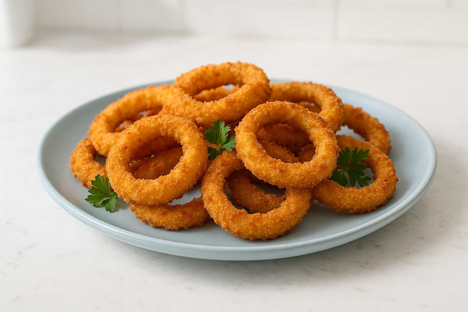 An angled hero shot (30–45°) of the crispy keto onion rings fully cooked and transferred to a larger light blue ceramic serving plate, arranged attractively and lightly garnished with a few sprigs of fresh parsley for a subtle keto-appropriate garnish. The plate sits on the white stone countertop in the same clean, bright home kitchen, bathed in natural daylight with soft shadows. The image conveys a ready-to-bring-to-the-table feel with minimal props and a cohesive visual style. Aspect ratio 3:2.