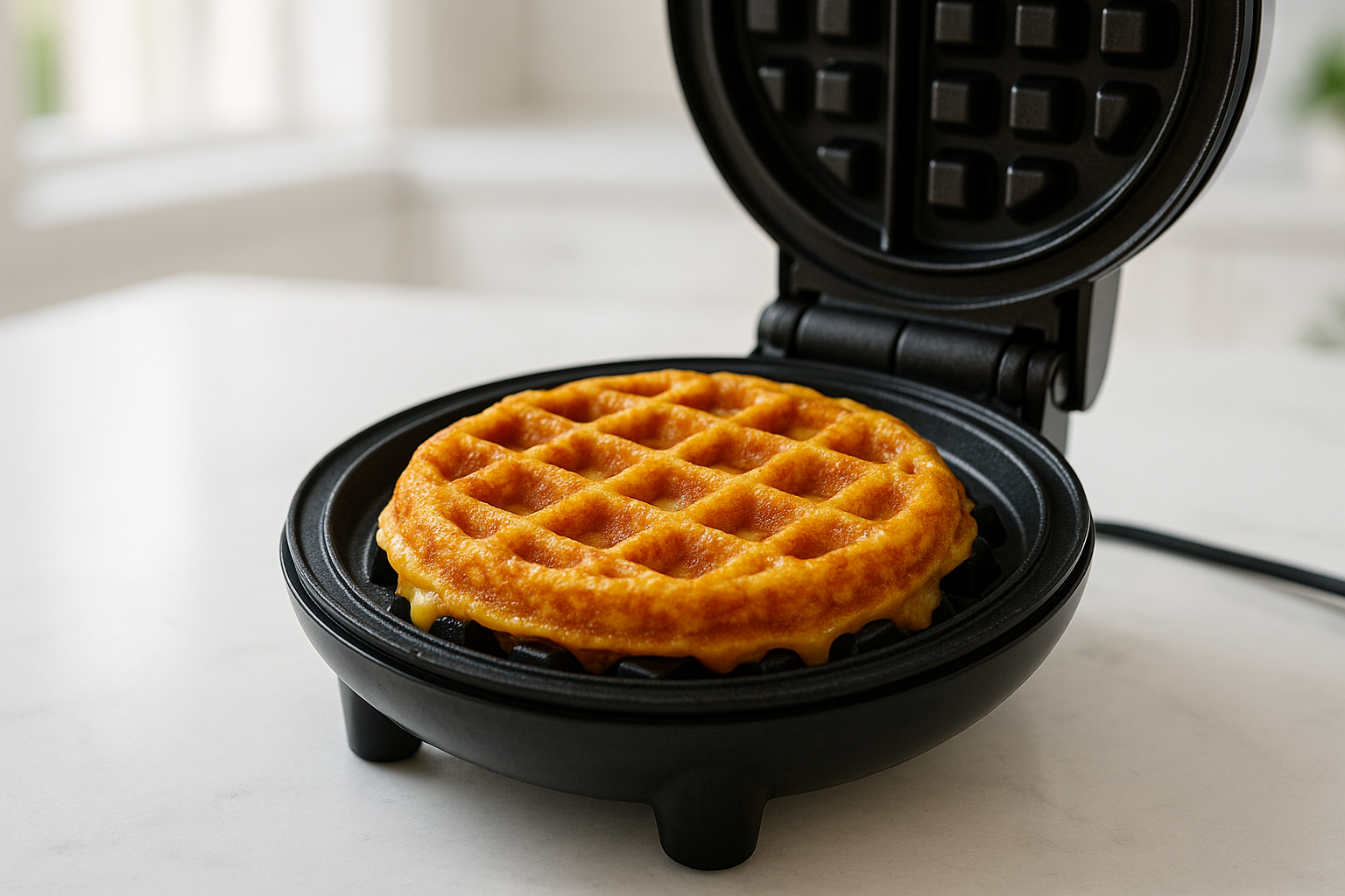 A slightly angled (30-45°) perspective showing the Keto Grilled Cheese Chaffle just as cooking finishes inside a non-stick waffle iron on the same white stone quartz countertop. The chaffle is golden and cooked through, cheese melted and slightly oozing, with natural daylight illuminating the clean, bright kitchen background with soft shadows. The environment is minimal with no clutter, emphasizing the freshly cooked, ready-to-eat keto dish, aspect ratio 3:2.