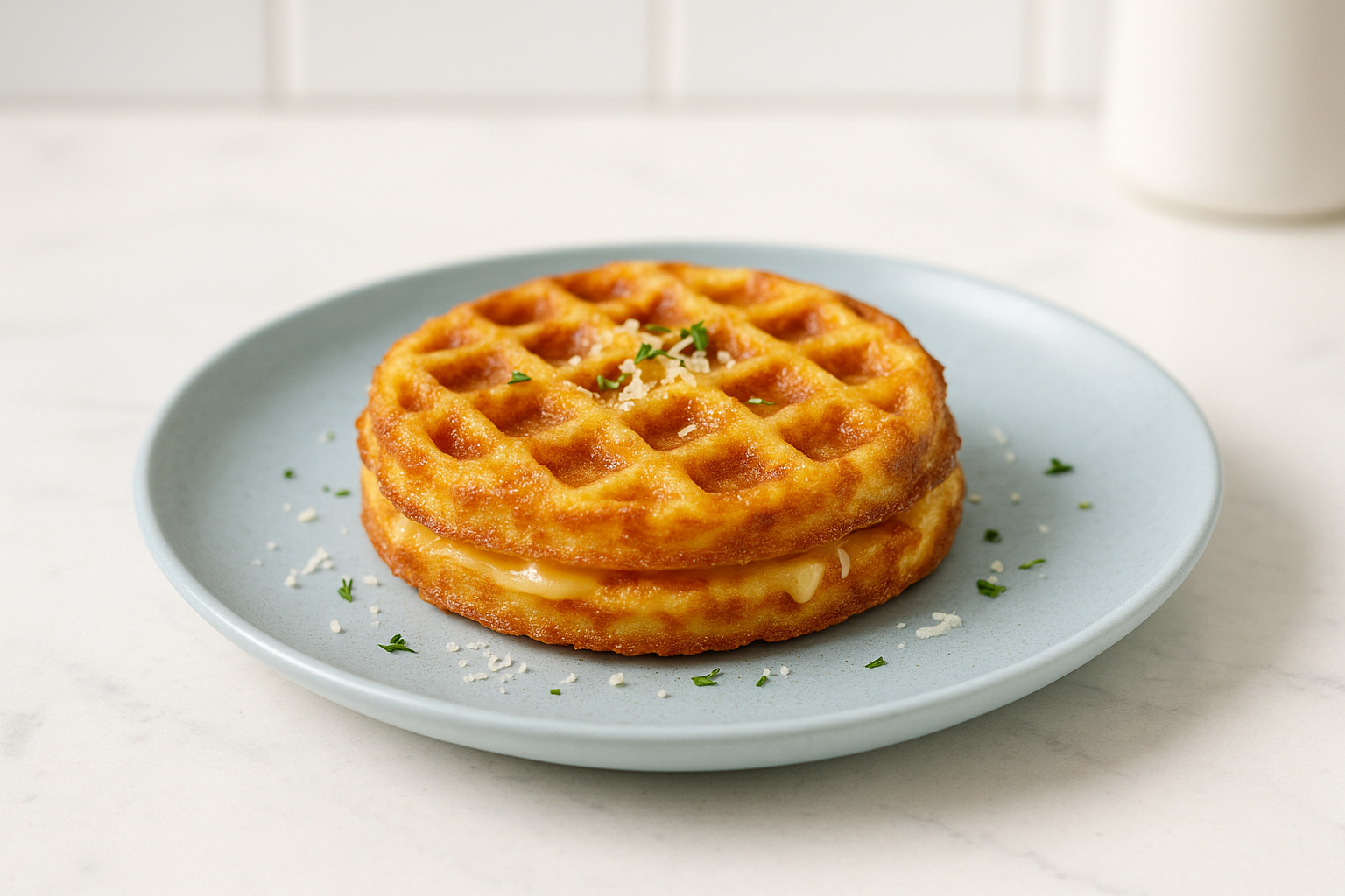 An angled hero shot (30-45°) of the fully cooked Keto Grilled Cheese Chaffle transferred onto a light blue ceramic serving plate on the white marble countertop. The chaffle is garnished lightly with a small sprinkle of freshly grated cheese or finely chopped herbs appropriate for keto, presented in a clean, bright home kitchen setting with natural daylight and soft shadows. The composition conveys a ready-to-bring-to-table feel with minimal props and a cohesive, realistic home-cooked appearance, aspect ratio 3:2.