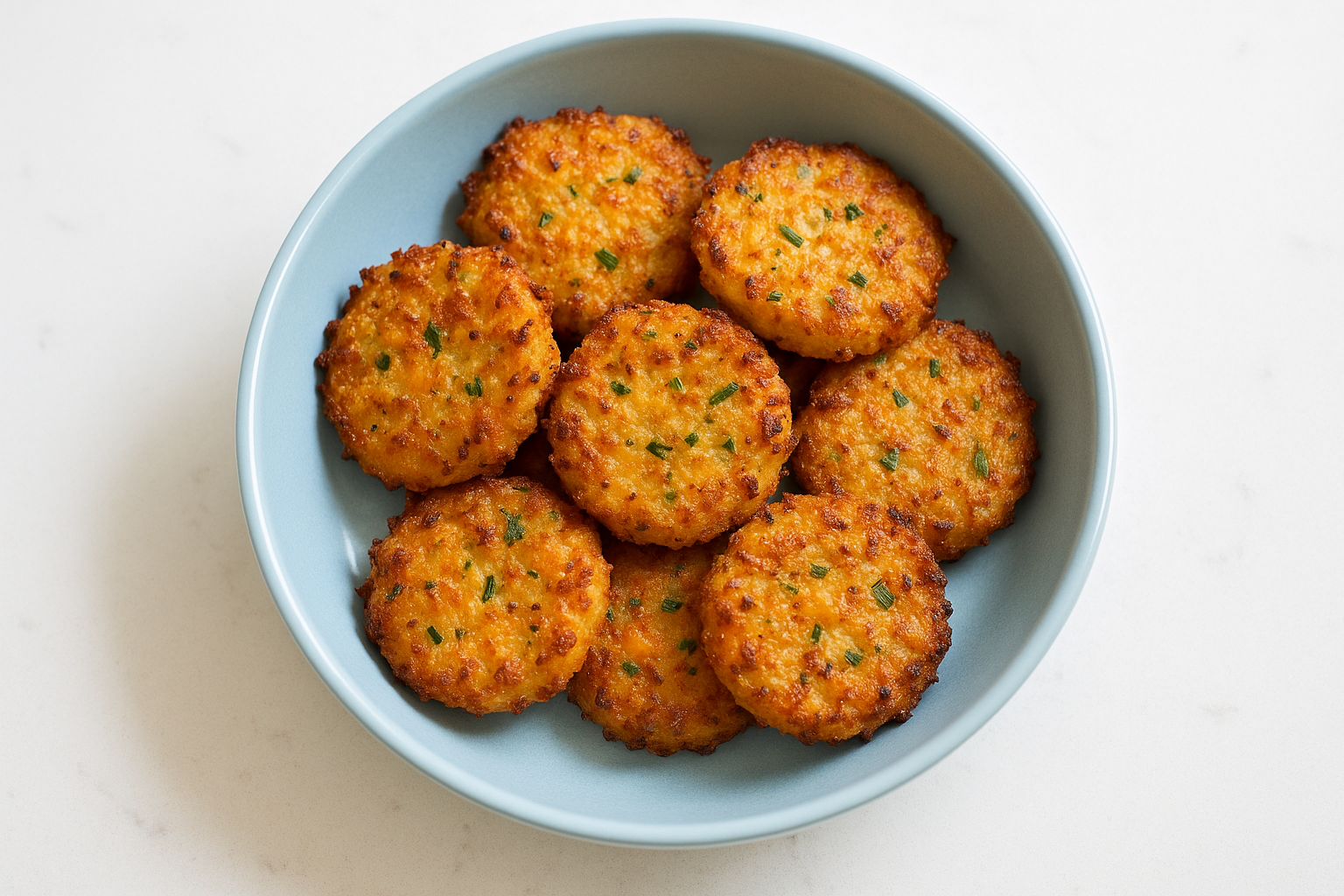 Overhead serving shot of a single serving portion of crispy keto cauliflower hash brown bites, plated simply in a light blue ceramic bowl on a white stone quartz countertop. The hash brown bites are golden brown with a crisp texture, evenly cooked with visible bits of cheddar cheese and herbs like chives. The photo is taken from top-down, showcasing the uniformity and crispness of the bites in a clean, bright home kitchen with natural daylight and soft shadows for a fresh and inviting look. Minimal props, no clutter, focusing solely on the food and bowl, aspect ratio 3:2.