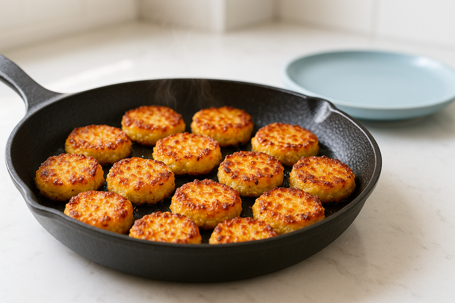 Finishing moment shot of keto cauliflower hash brown bites just cooked and ready in a black skillet on a white marble countertop. The skillet contains several golden crispy hash brown bites evenly cooked, steam still gently rising. The angle is a 30-45 degree view highlighting the crisp edges and melted cheese. The kitchen environment is clean and bright with natural daylight casting soft shadows, emphasizing the freshness and home-cooked quality. A light blue ceramic plate sits nearby but the food remains in the skillet, minimal styling, aspect ratio 3:2.