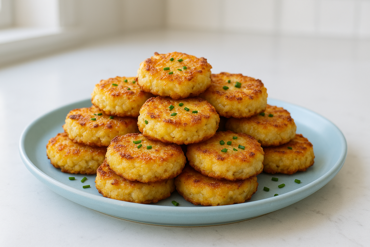 Ready-to-serve presentation of crispy keto cauliflower hash brown bites transferred to a light blue ceramic serving plate on a white quartz countertop. The golden hash brown bites are piled neatly, lightly garnished with finely chopped fresh chives for a keto-appropriate touch, looking inviting and ready to eat. The photo is taken at a 30-45 degree angled hero shot, within the same clean, bright home kitchen bathed in natural daylight, with soft shadows and minimal props to maintain focus on the dish. Aspect ratio 3:2.