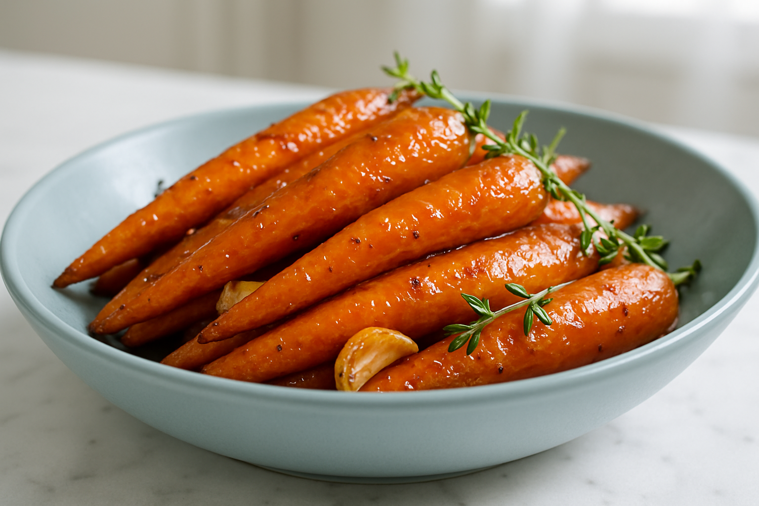 A top-down view of a single serving of keto-friendly honey-glazed roasted carrots plated on a light blue ceramic plate. The medium-sized roasted carrots show tender texture with golden caramelized edges and a glossy sugar-free honey substitute glaze, scattered roasted garlic cloves visible. The carrots are casually arranged with slight natural imperfections and a few small sprigs of fresh thyme or rosemary lightly touching the carrots. The plate is placed on a white stone countertop with a minimal clean background of a bright home kitchen, illuminated by natural daylight creating soft shadows. Aspect ratio 3:2.