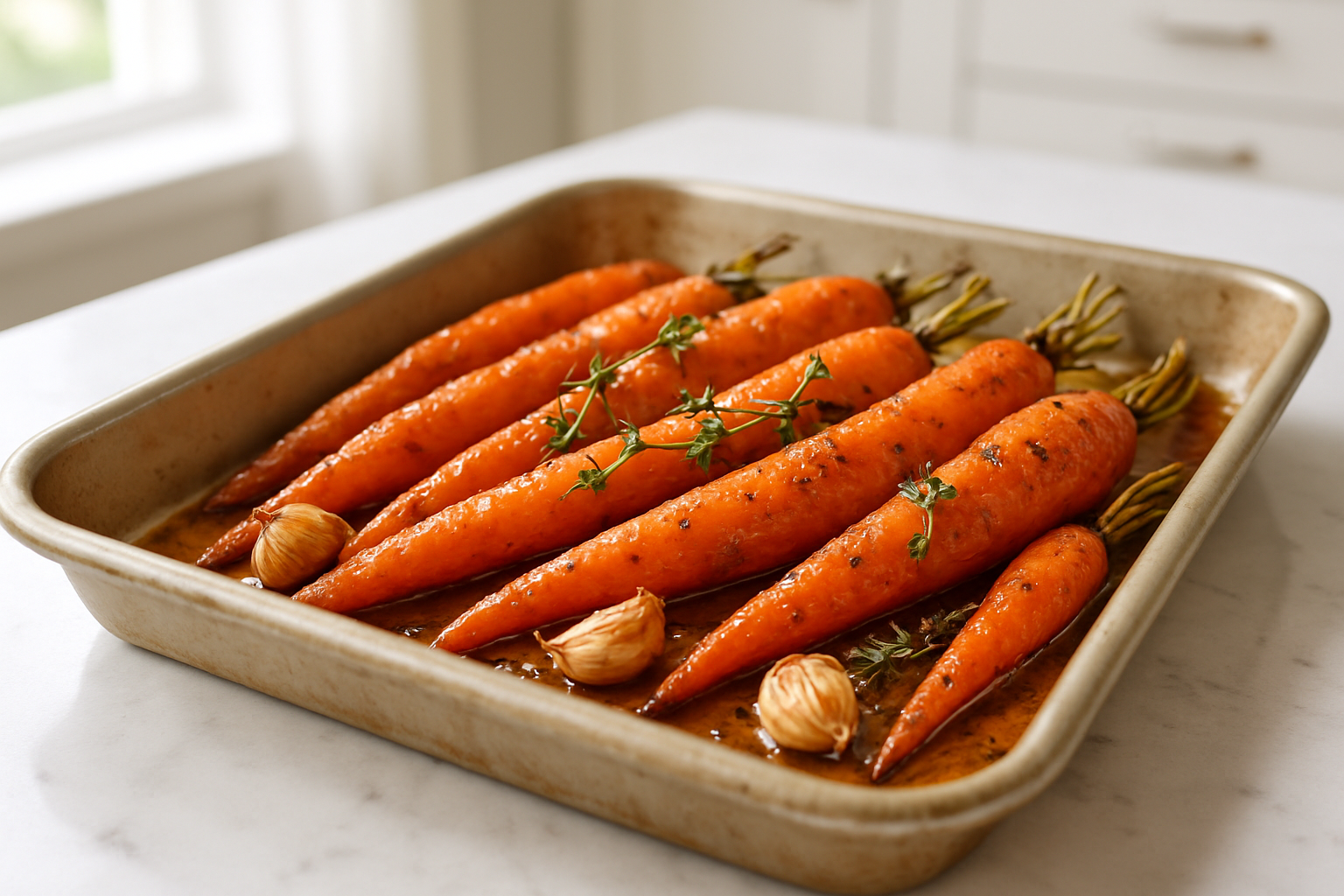 A 30 to 45-degree angled shot showing the fully cooked honey-glazed roasted carrots still in the roasting pan on a white stone countertop. The golden caramelized edges and glossy sugar-free honey glaze are evident on the medium-sized carrots alongside roasted garlic cloves, with a few fresh thyme or rosemary sprigs roasted on top. The pan is centered with balanced framing including a subtle blur of a clean, bright home kitchen background under natural daylight with soft shadows. Aspect ratio 3:2.