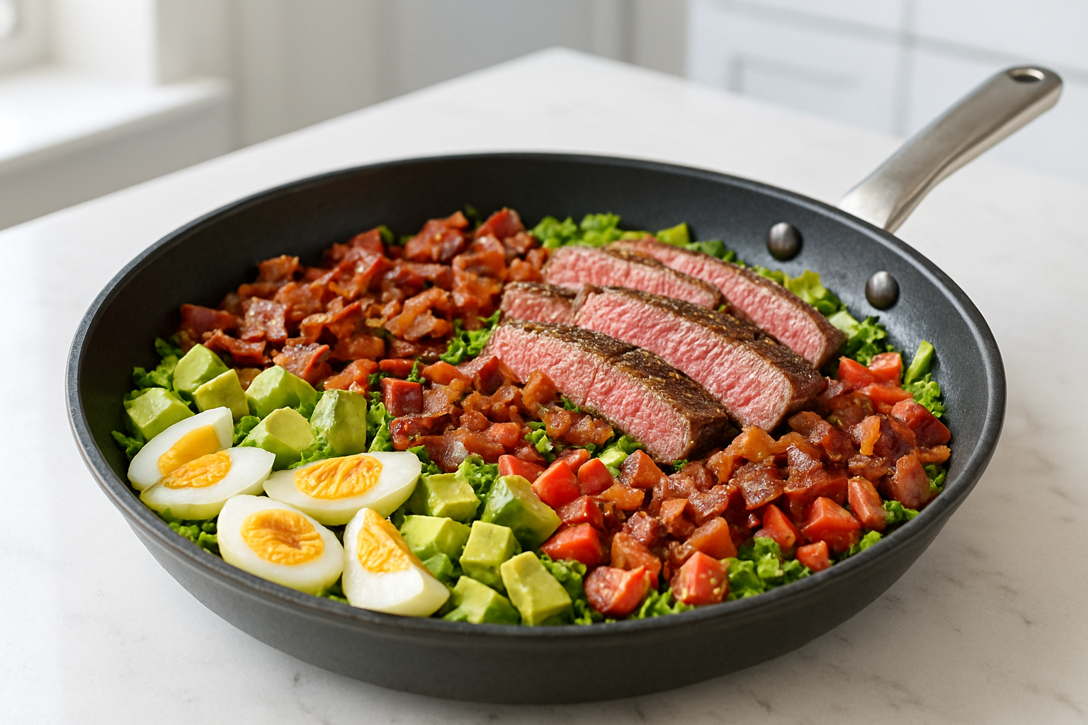 Final cooking moment of a Keto Steak Cobb Salad in a shallow cooking pan on white marble countertops, showing seared medium-rare steak slices, crispy bacon, and eggs fully cooked and combined ready to serve. The pan is placed in a clean, bright home kitchen with natural daylight creating soft shadows. The scene is captured from a slightly angled 35° perspective with balanced framing revealing minimal kitchen background and the light blue ceramic serving plate is absent, aspect ratio 3:2.