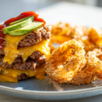 Pork Rind Crusted Onion Rings & Burger Stack recipes