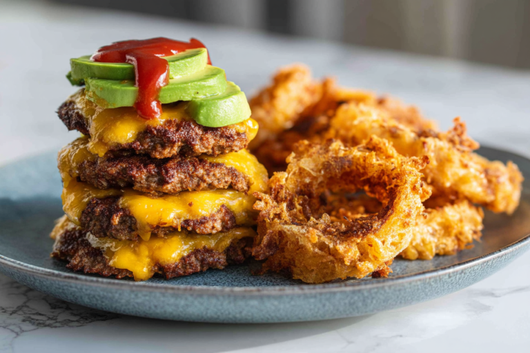 When You’re Craving Something Big and Satisfying Some meals are meant for those days when you want something hearty and comforting without feeling weighed down. This one gives you all of that. The burgers stack tall and warm, the cheese melts just right, and the avocado brings a creamy finish that rounds everything out. The onion rings add that extra crunch you might’ve been missing. It’s a full plate that feels indulgent, but still fits your keto goals perfectly. How the Flavors and Textures Come Together Pork rinds make an incredibly crisp coating, and they hold their texture without needing anything starchy. The onion stays tender inside, so each ring has a soft center wrapped in crunch. The beef patties keep their juiciness with simple seasoning, letting the cheese and avocado shine. The ketchup adds a tiny bit of tang that lifts the whole stack. Put it all together, and you’ve got a meal that tastes familiar but feels cleaner and more satisfying. Simple Tips for the Best Results Press the pork rind coating firmly onto the onion rings — that helps them fry up evenly and stay crisp. Let the pan get fully hot before adding them so they don’t absorb extra oil. For the burgers, resist the urge to press down on them while cooking; that keeps the juices inside. And if you like your cheese extra melty, cover the skillet for the last minute. Easy Ways to Make the Plate Your Own Pork Rind Crusted Onion Rings & Burger Stack recipe