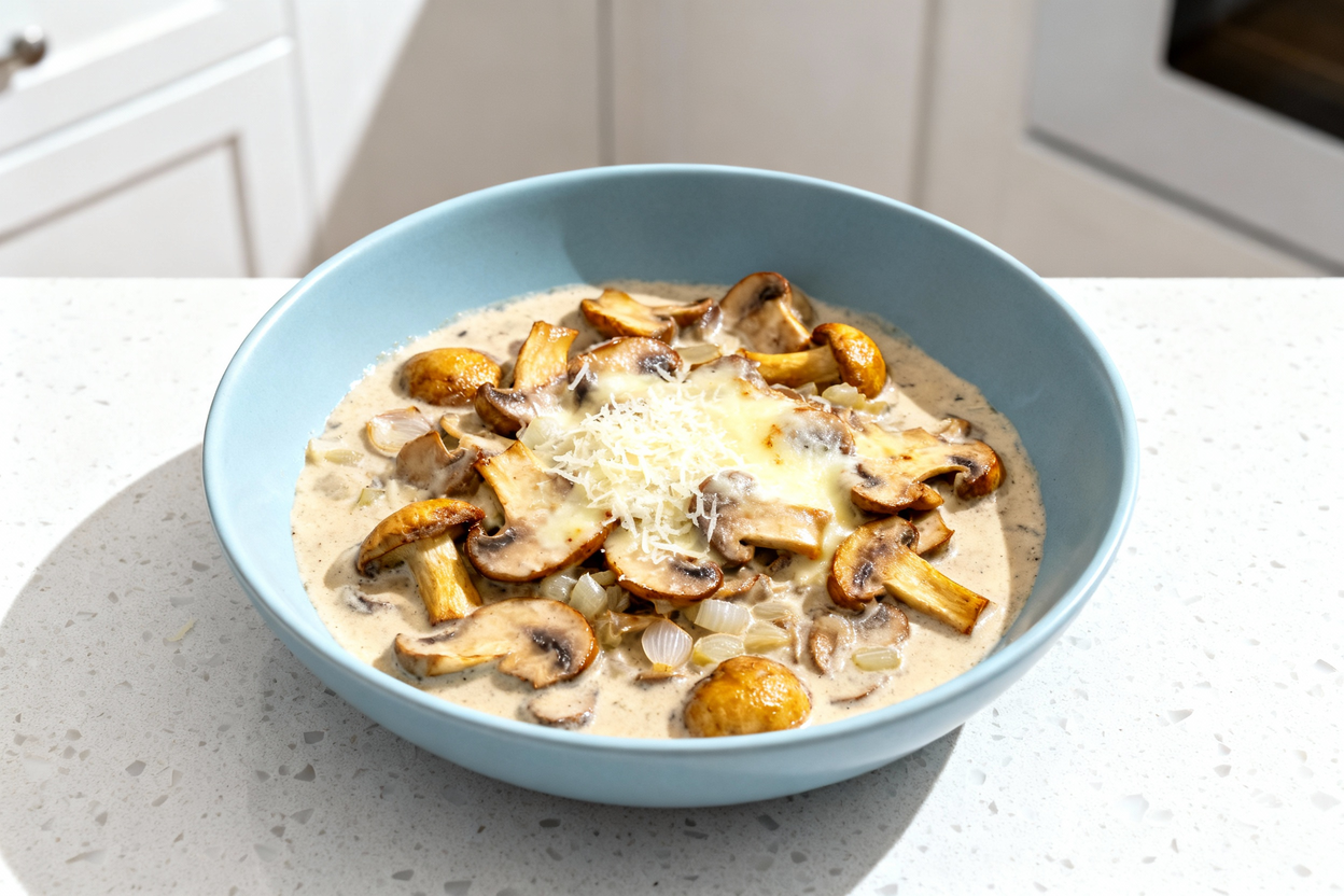 ingle serving of creamy mushroom keto skillet plated on a light blue ceramic shallow bowl. The dish