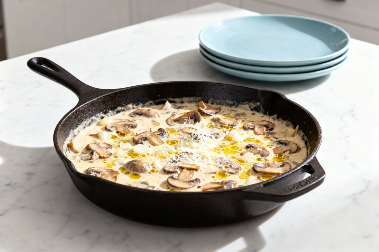 degrees) perspective of the fully cooked creamy mushroom keto skillet in a round cast iron skillet o