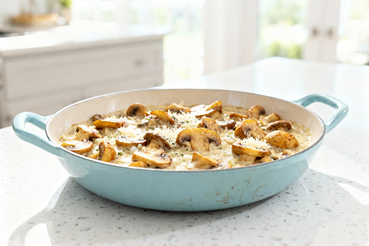 t at approximately 35 degrees showing a light blue ceramic shallow bowl filled with creamy mushroom