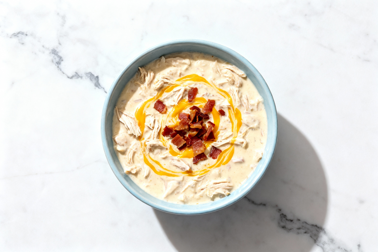 d, top-down view of a single serving of creamy Keto Crack Chicken Soup, plated in a light blue ceram