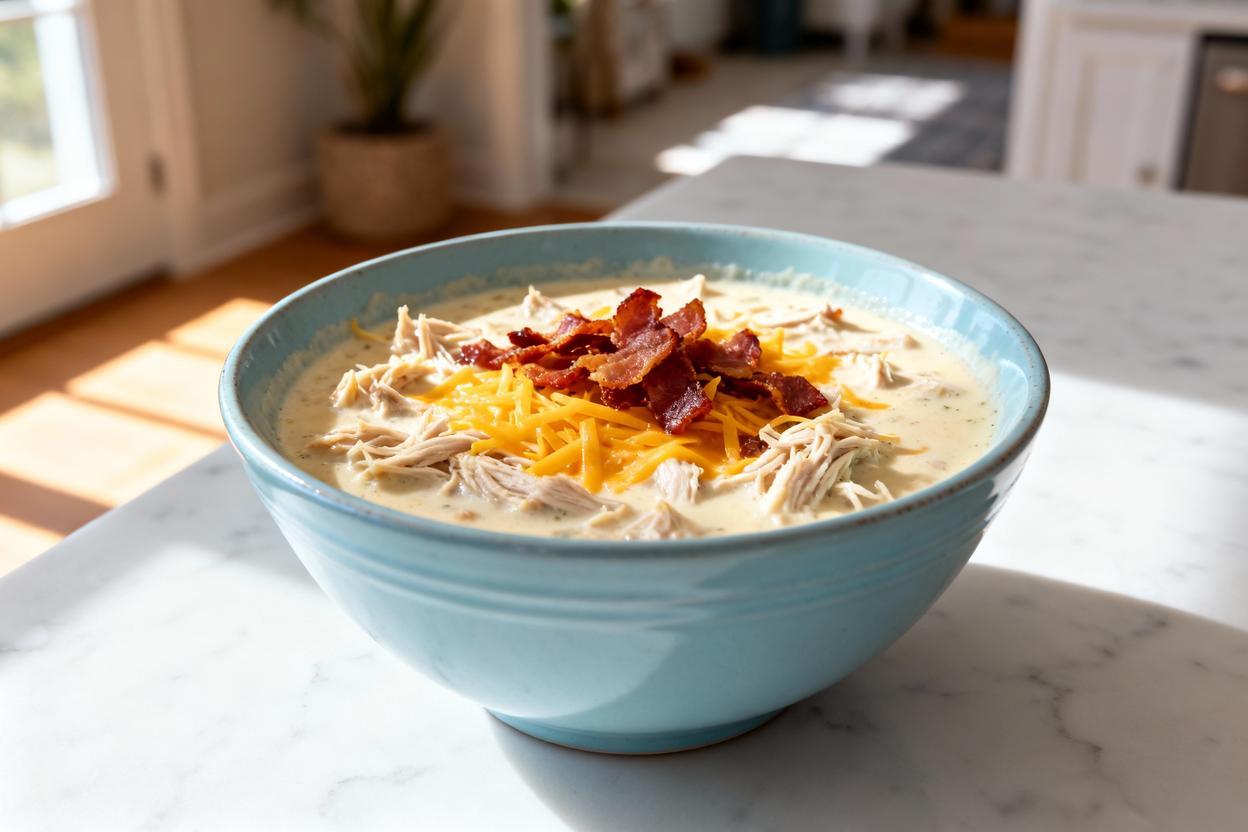 led view of the same serving of Keto Crack Chicken Soup, shown freshly ladled into a light blue cera