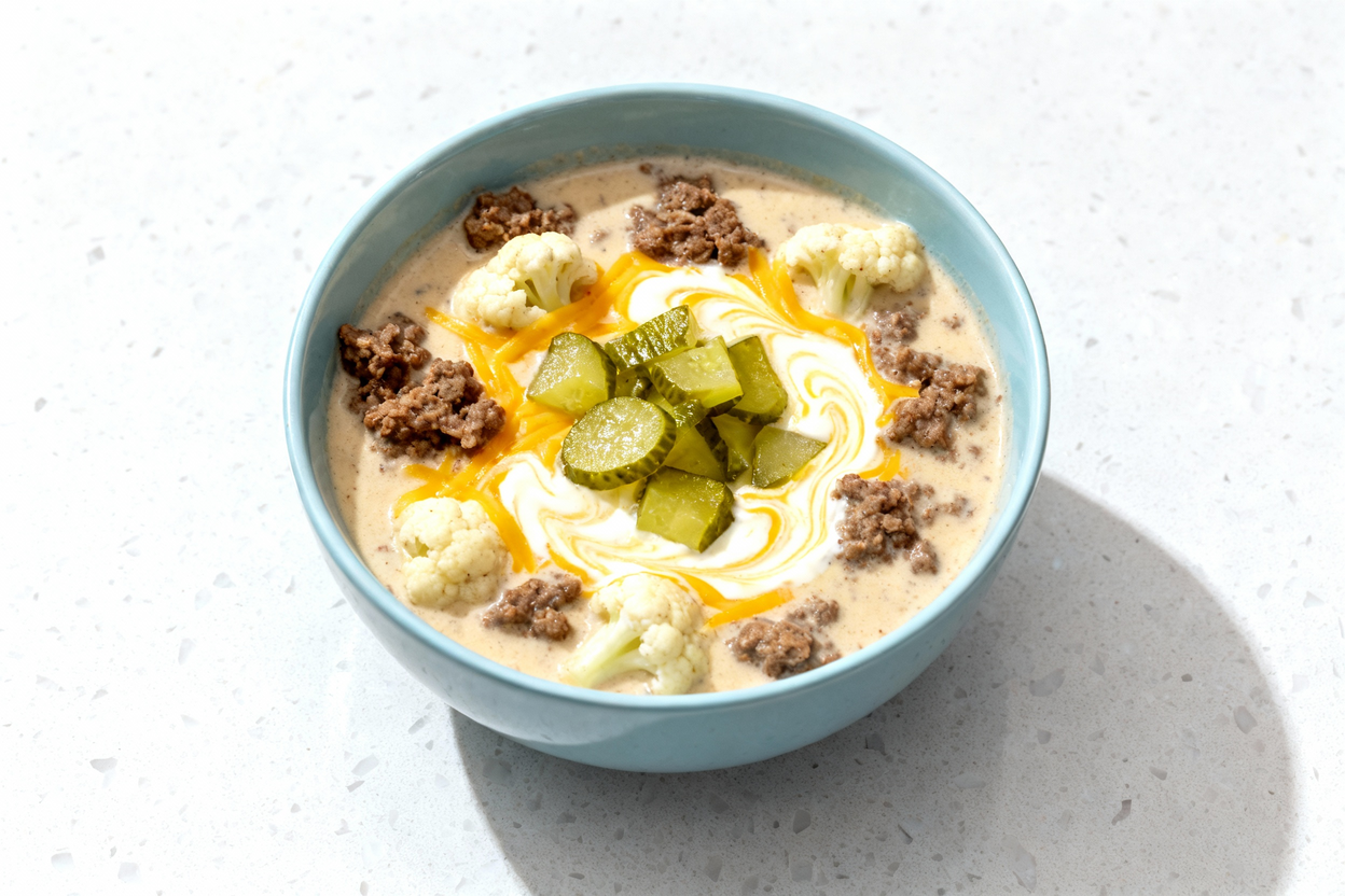 shot of a single serving of creamy keto cheeseburger soup, centered in a light blue ceramic bowl pl