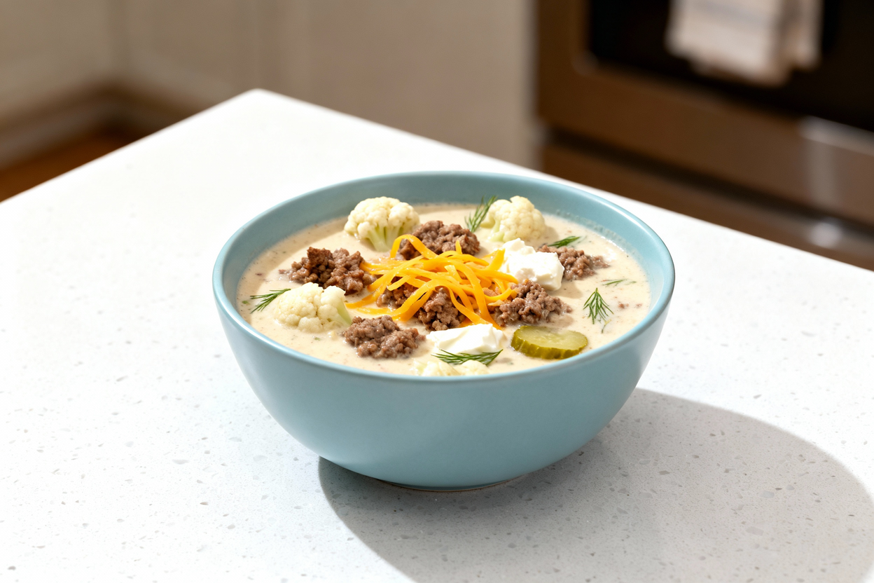 35-degree) camera perspective of the same creamy keto cheeseburger soup, portioned into a light blue
