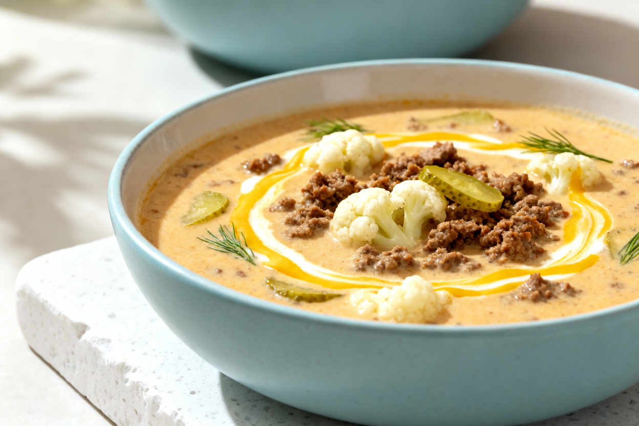 t at approximately 40 degrees of the creamy keto cheeseburger soup served in a light blue ceramic bo