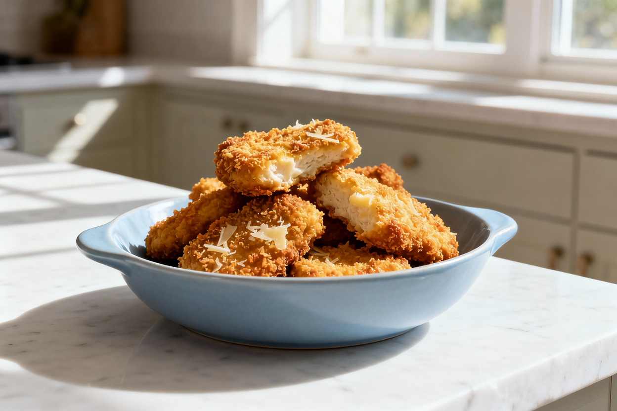 mera view at around 35 degrees, showing the same single portion of keto chicken nuggets as in Image 