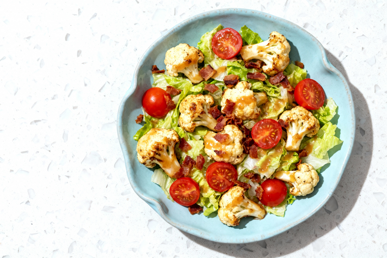 top-down shot of a single serving of BLT Cauliflower Keto Salad plated on a light blue ceramic dish