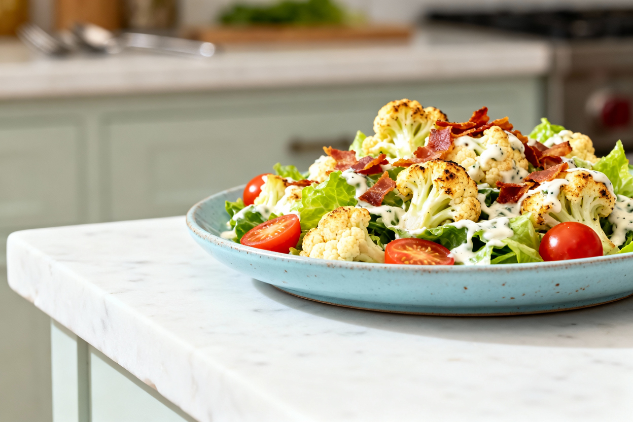 pproximately 35 degrees showing the same BLT Cauliflower Keto Salad portion as in Image 1. The dish