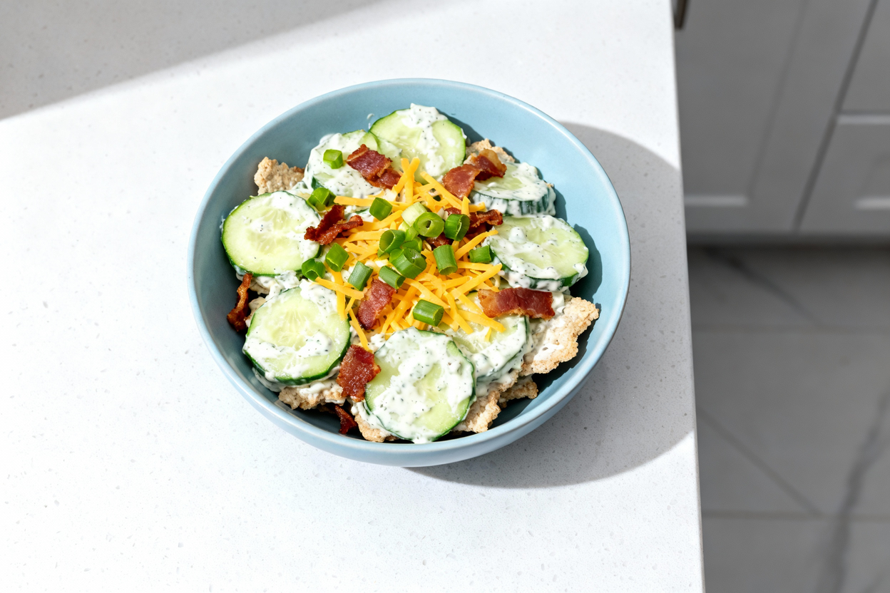 d, top-down view of a single serving of Keto Cucumber Ranch Crack Salad, plated on a light blue cera