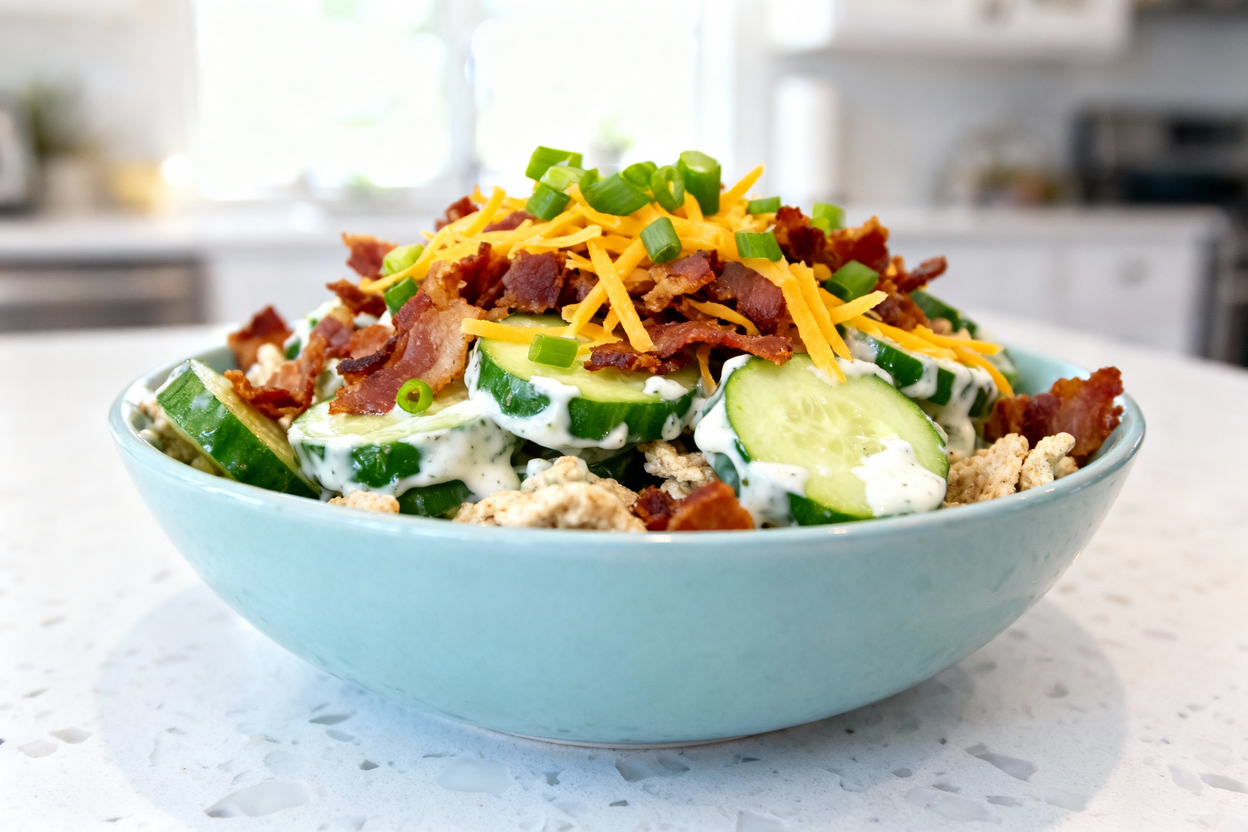 ngled close-up of the Keto Cucumber Ranch Crack Salad plated on the same light blue ceramic bowl, pl