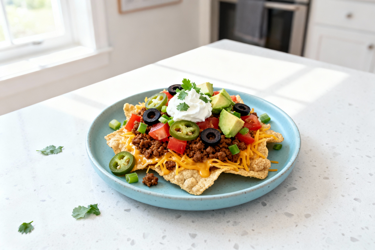 shot of a single serving of keto pork rind nachos, plated on a light blue ceramic dish set on a whi