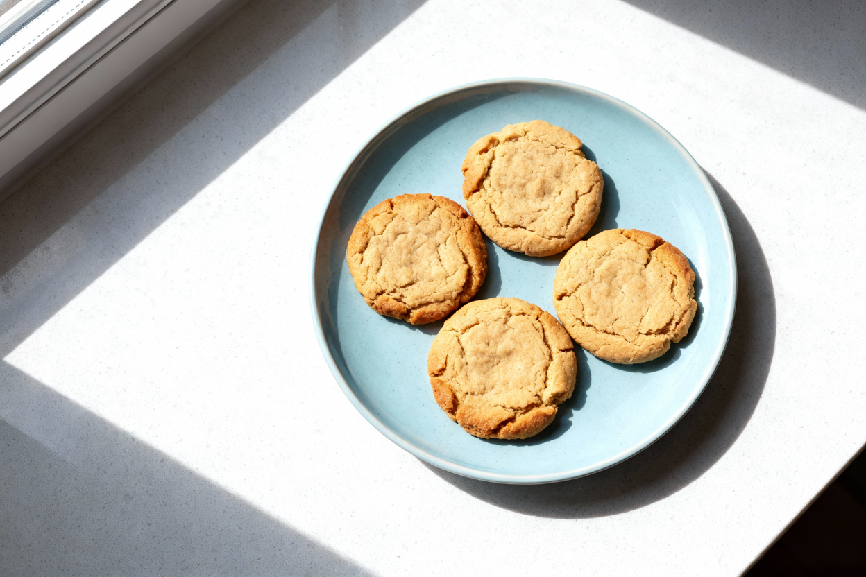 shot of a single serving of freshly baked keto peanut butter cookies, approximately four cookies ar