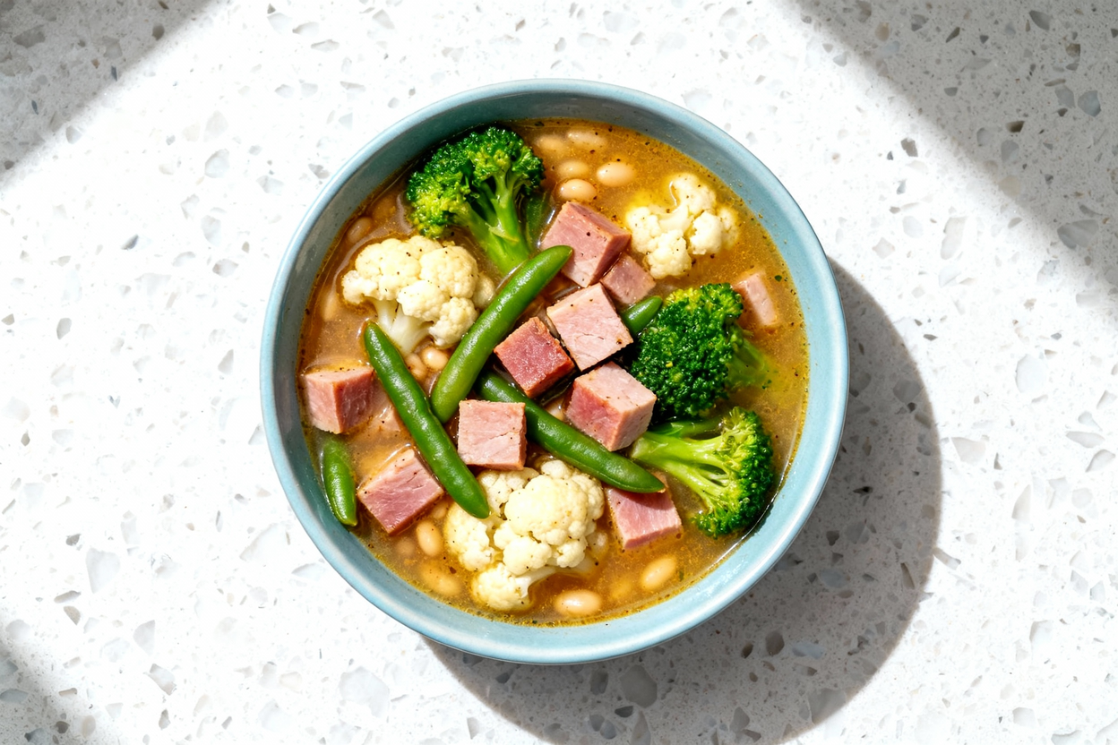 ad, top-down photograph of a single serving of low carb ham and 'bean' soup, plated in a light blue