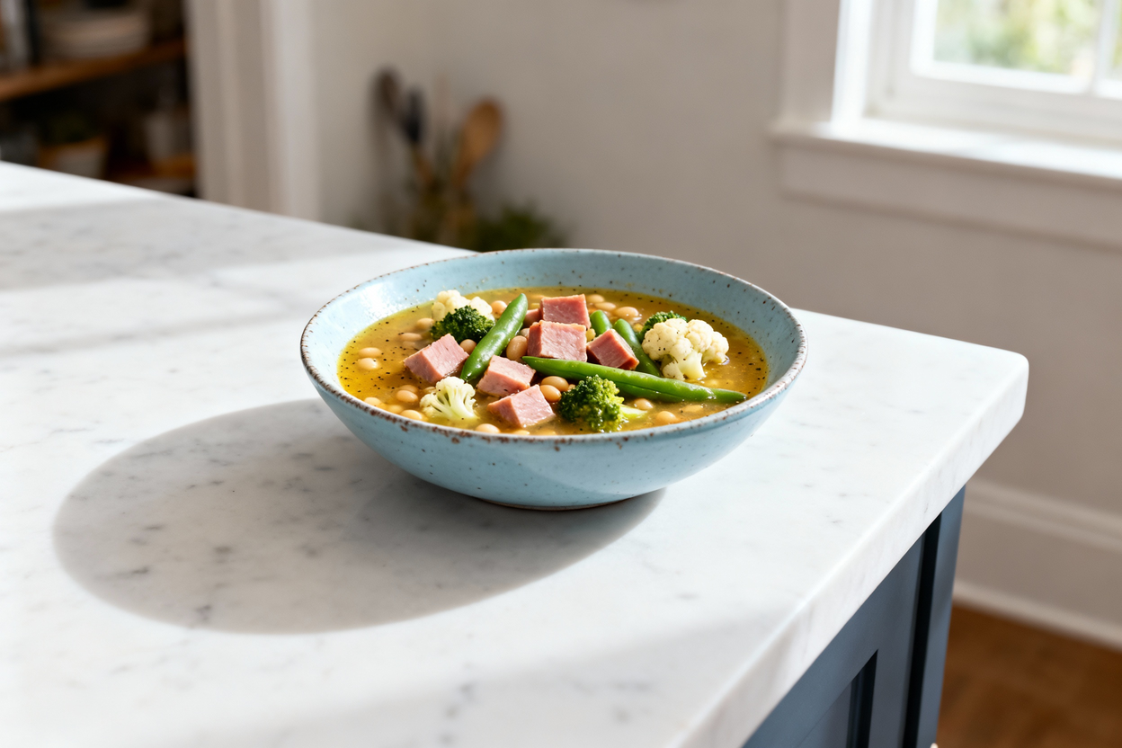  (35-degree) photograph of the same single serving of low carb ham and 'bean' soup shown in a light 