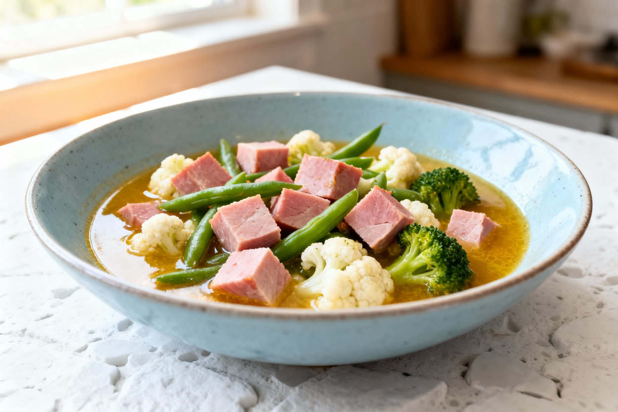approximately 40-degree) photograph of the low carb ham and 'bean' soup, plated in the same light bl