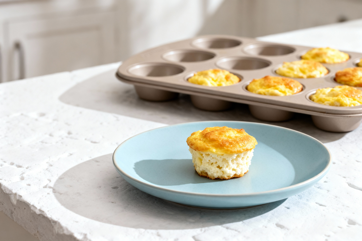 bout 35 degrees) shot of the same batch of fluffy cottage cheese egg bites, still in the neutral non