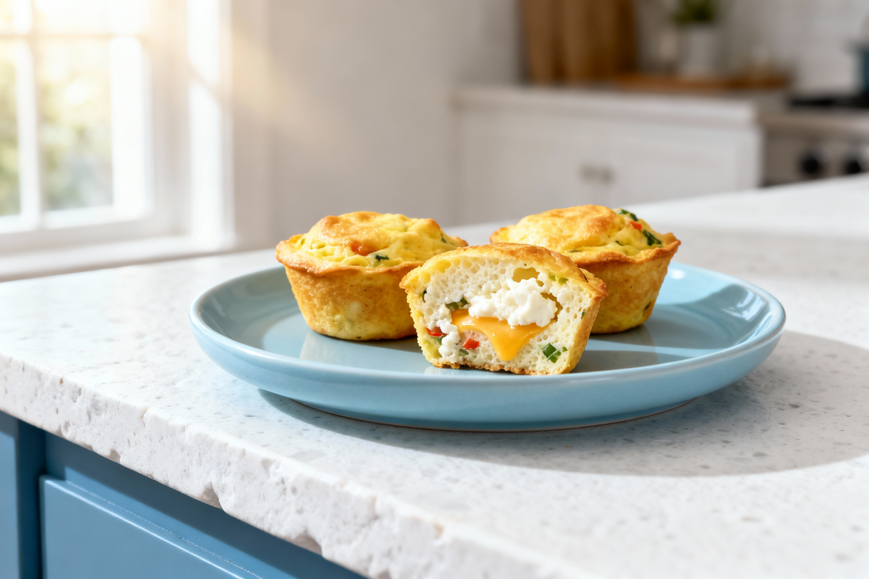 out 40 degrees) close-up of the egg bites plated on a light blue ceramic dish, centered on a white s