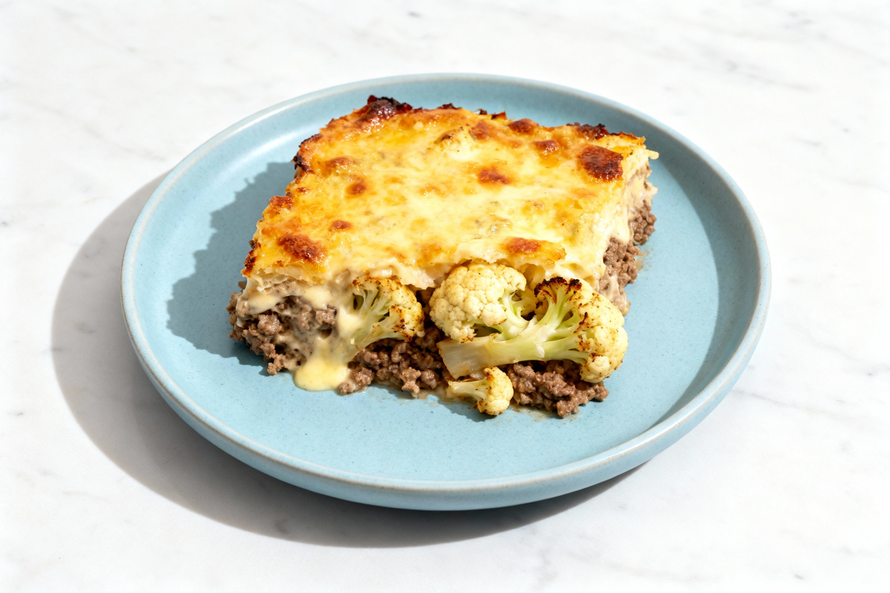 d, top-down photograph of a single serving of Keto Beef & Cauliflower Casserole plated on a light bl
