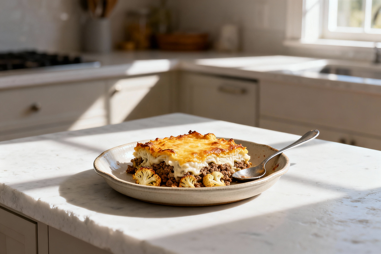 led view of the same single serving of Keto Beef & Cauliflower Casserole just after being plated. Th