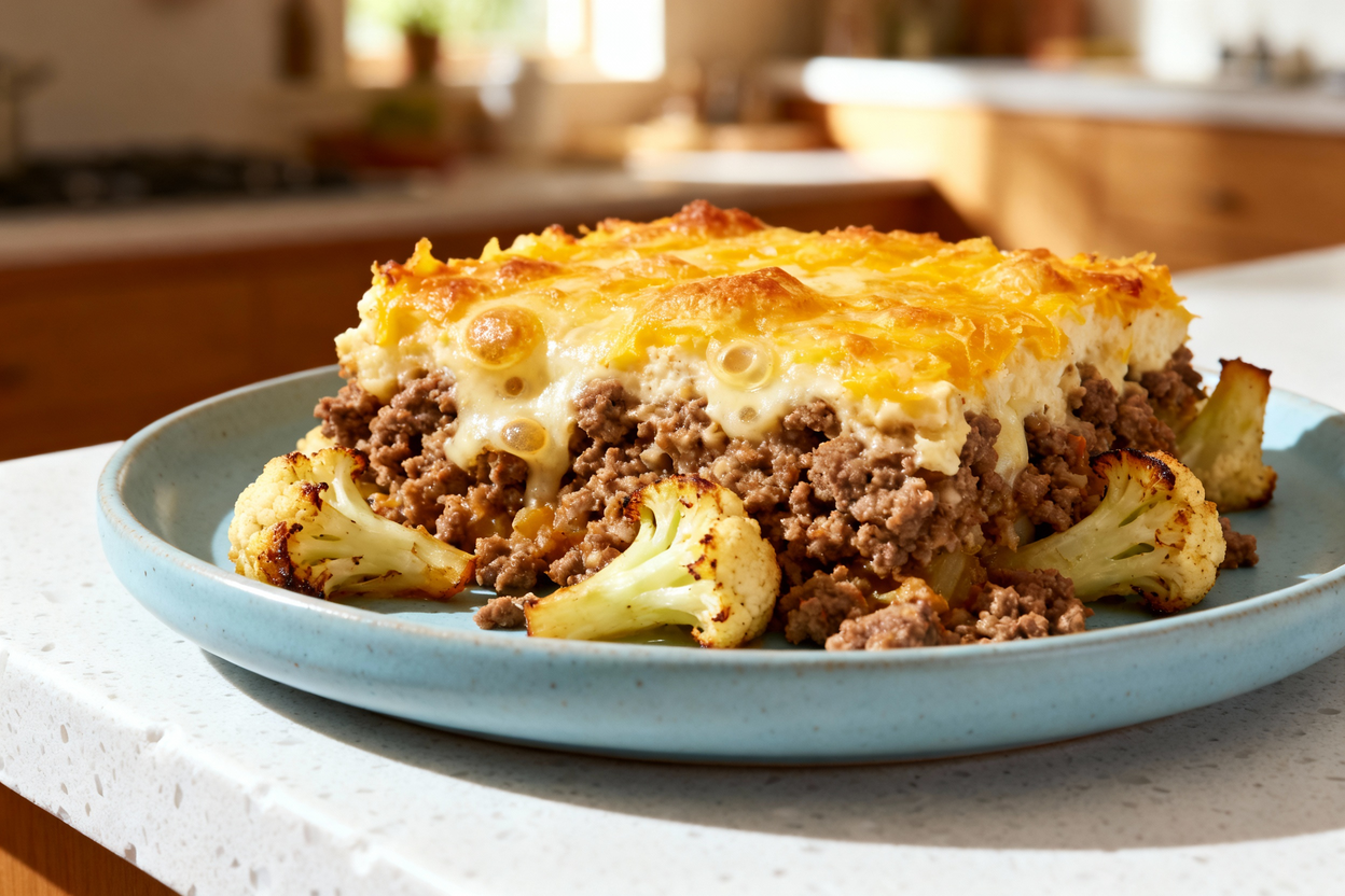 ero shot taken at approximately 40 degrees of the same plated serving of Keto Beef & Cauliflower Cas