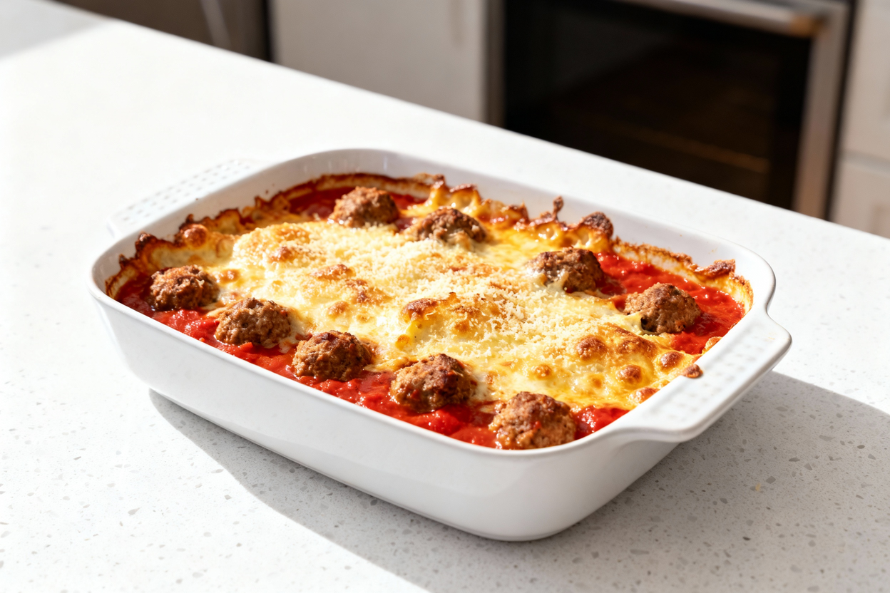 ew (approx. 35 degrees) of the same serving of keto meatball casserole in a neutral white baking dis