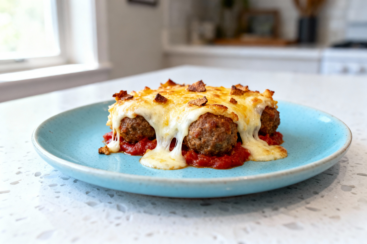 rox. 40 degrees) of the same single serving of keto meatball casserole plated on the same light blue