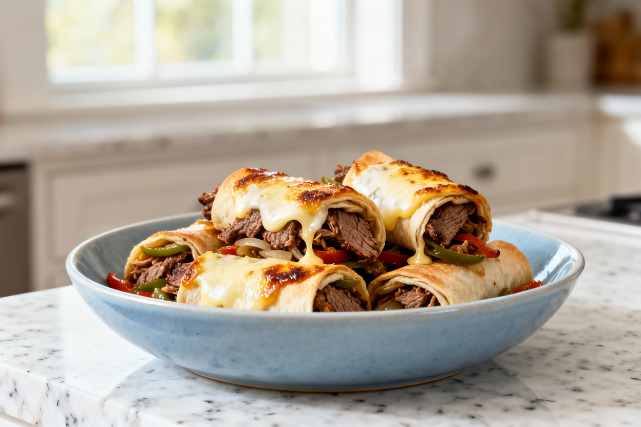 (about 35 degrees) view of the same Keto Philly Cheesesteak Roll-Ups, arranged identically in a ligh
