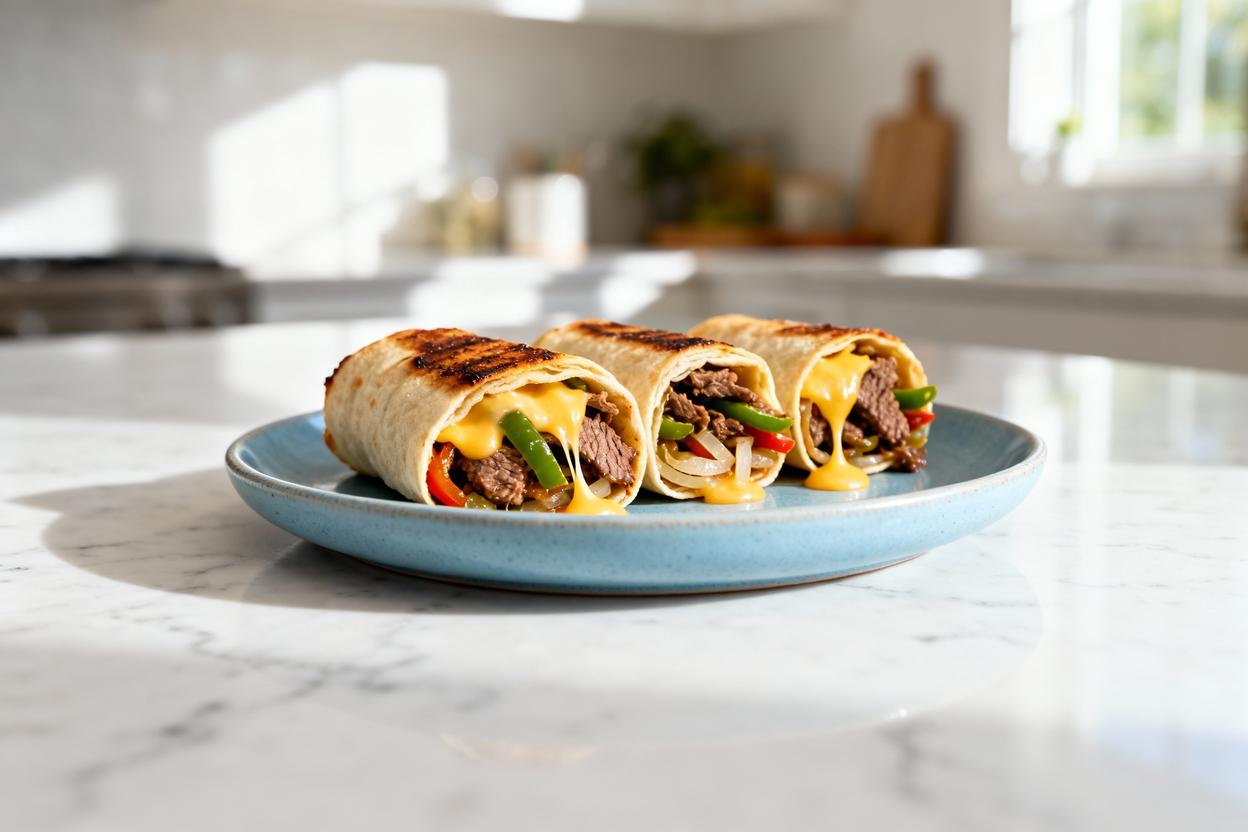 about 40 degrees) of the Keto Philly Cheesesteak Roll-Ups on a light blue ceramic plate, highlightin