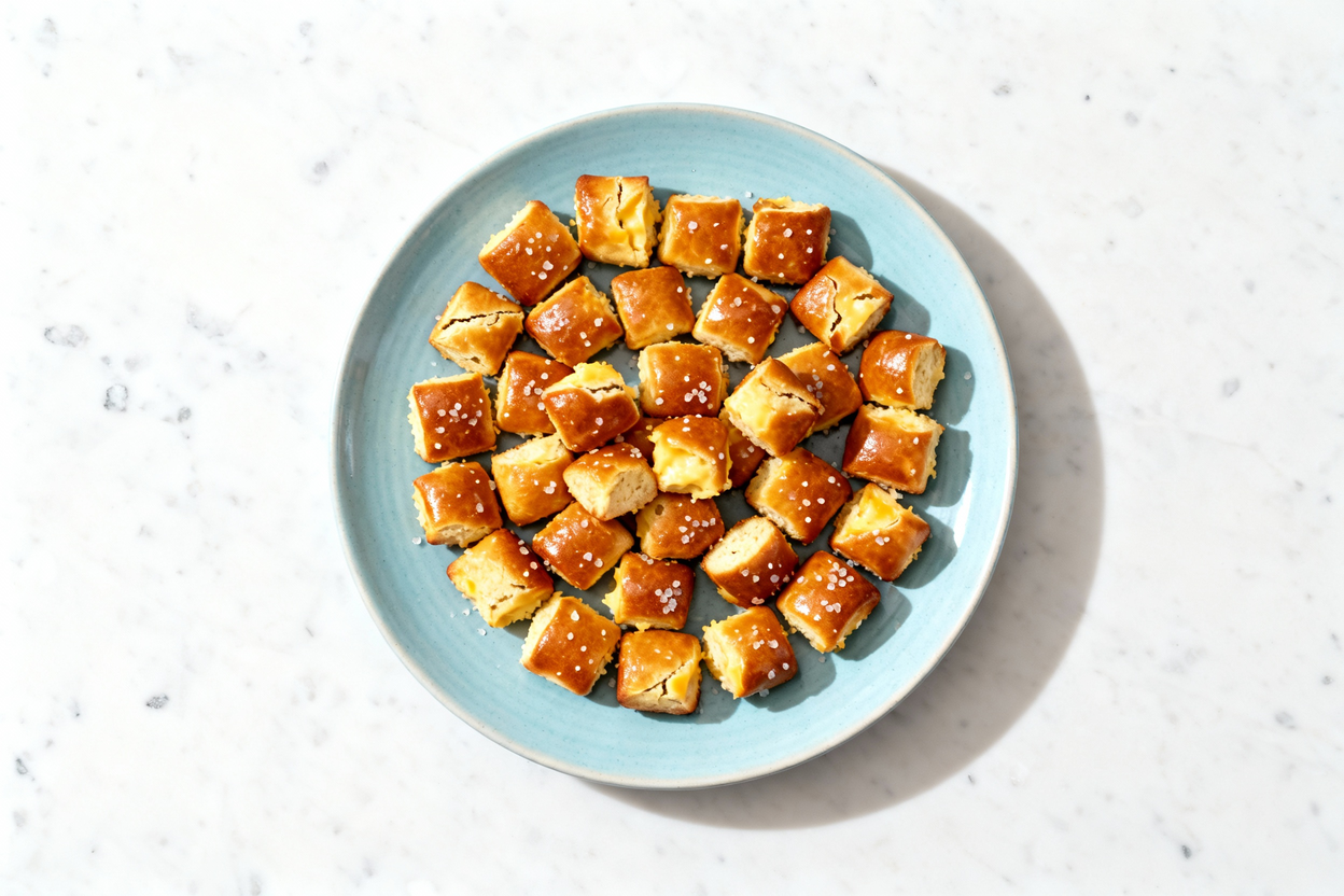 top-down shot of a serving of soft keto pretzel bites arranged casually on a light blue ceramic pla