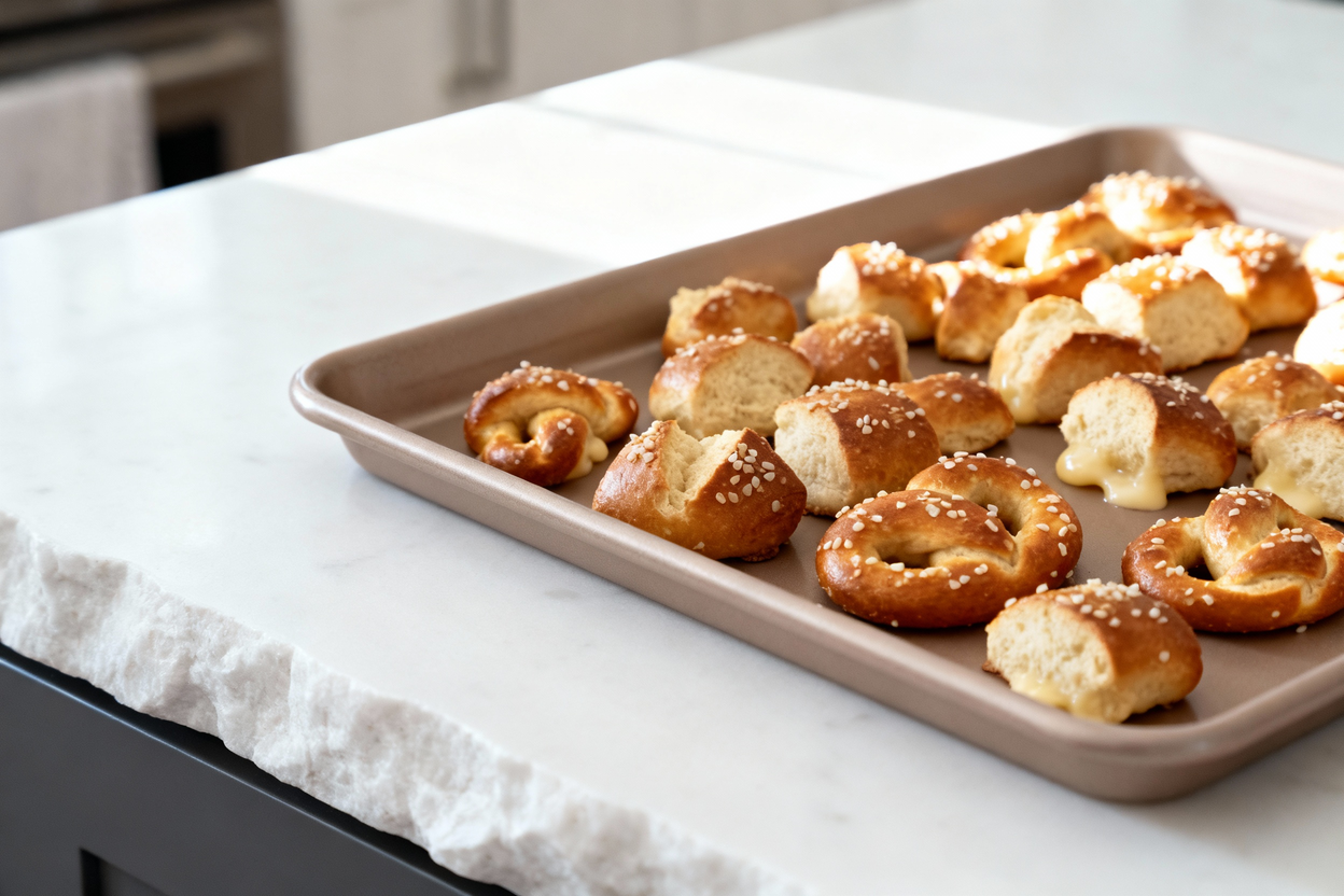 view of the same soft keto pretzel bites, now resting freshly baked in a neutral, lightly browned n