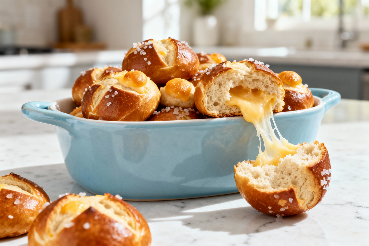 ero shot (around 40 degrees) of the same plate of soft keto pretzel bites on the light blue ceramic 