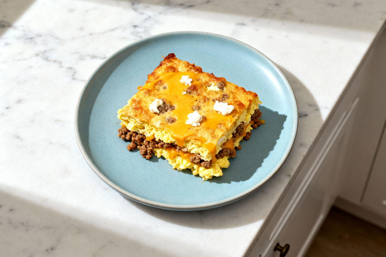 , top-down view of a single serving of Keto Crack Breakfast Casserole, showing a perfectly cut squar