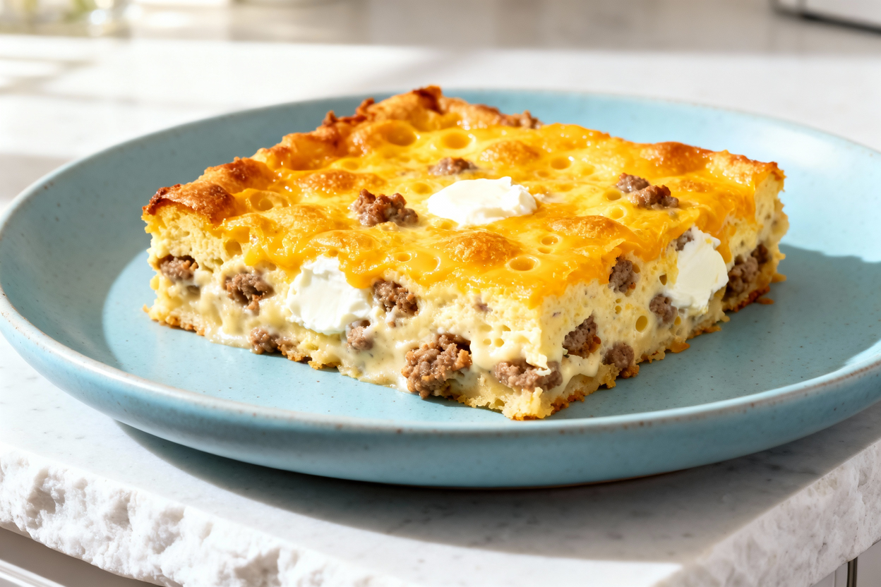 prox. 40 degrees) of the same Keto Crack Breakfast Casserole single square serving plated on the sam