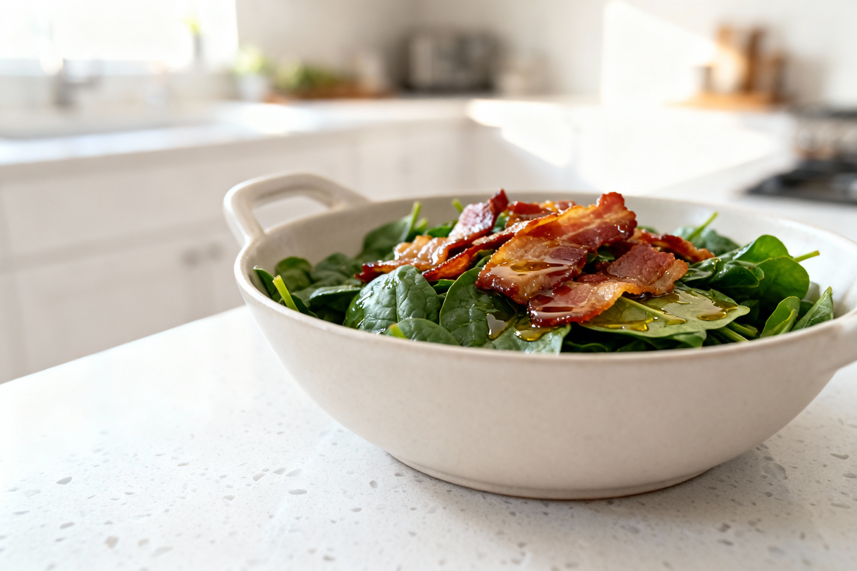  (around 35 degrees) view of the same warm spinach and bacon salad, served in a neutral white cerami