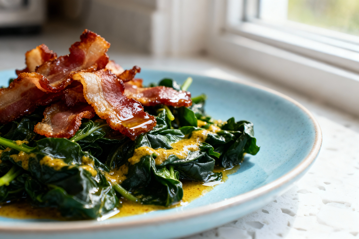 t taken at roughly a 40-degree angle, emphasizing the textures of the warm spinach and bacon salad.