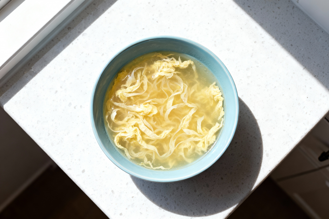 op-down photograph of a single serving of zero-carb egg drop soup, plated in a light blue ceramic bo