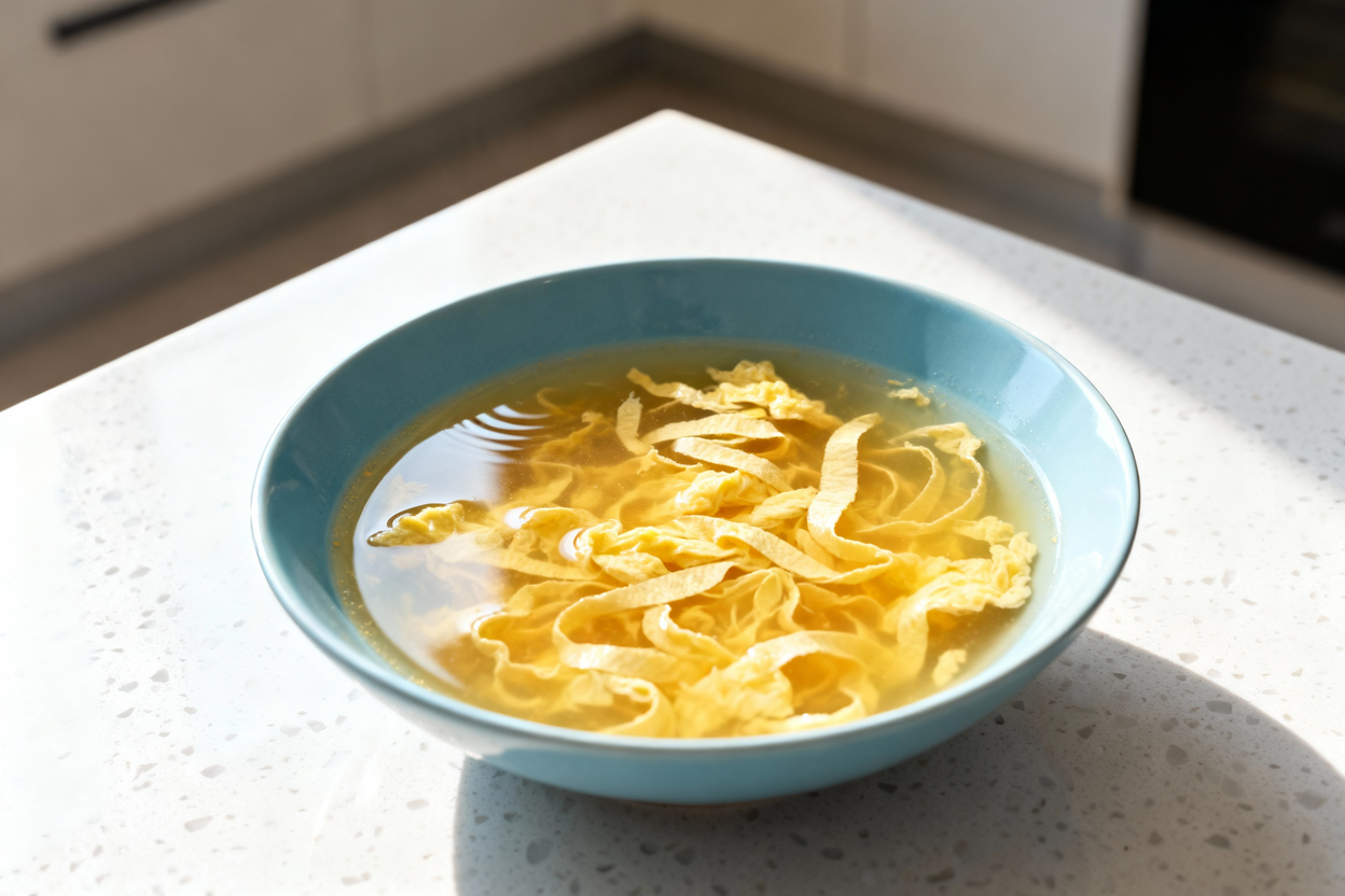 photograph, about 35 degrees, showing the same single serving of zero-carb egg drop soup in a matchi
