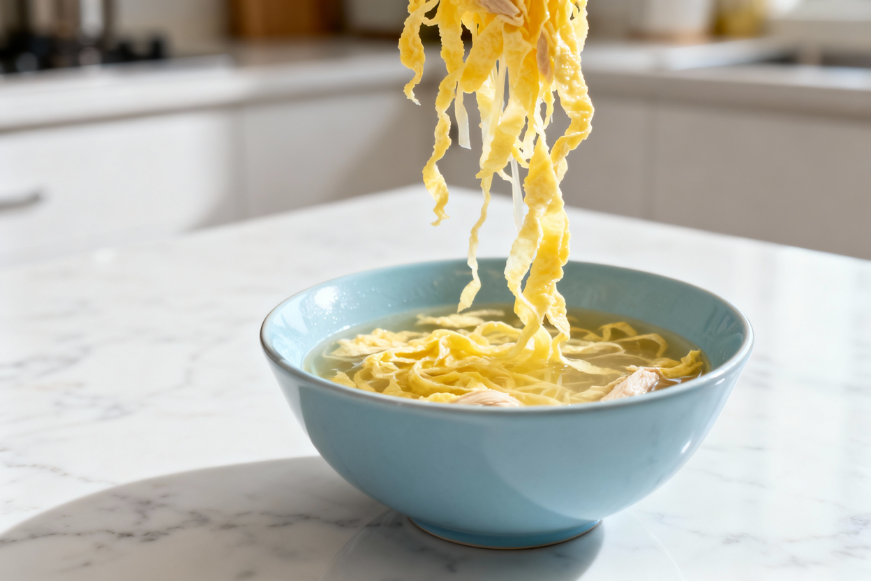 hotograph of the zero-carb egg drop soup, about 40 degrees, showcasing the texture of the delicate e